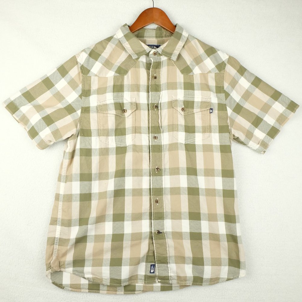 The North  Face Mens Button Up Shirt Medium Beige Green Plaid Short Sleeve